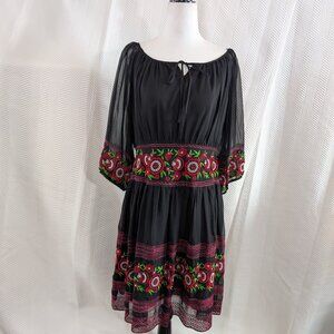 Anna Sui 100% Silk Black Embroidered Floral Dress Sheer Sleeves Boho Size Medium